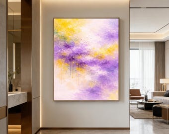 Large purple yellow abstract painting, textured wall art for modern living room decoration