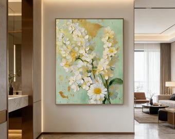 Mint Green Floral Oil Painting on Canvas, White Daisy Impasto Wall Art for Living Room Decor