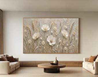 Abstract White Floral Oil Painting — 3D Textured Canvas Wall Art — Neutral-Toned Botanical Decor for Living Room and Bedroom