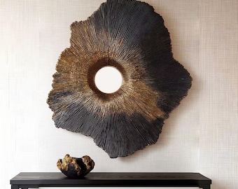 3D Carved Wood Wall Art, Organic Modern Sculptural Wall Decor, Black Gold Sunburst Art