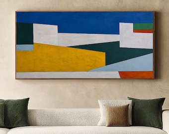 Large Colorful Geometric Abstract Painting, Blue Yellow Canvas Wall Art, Mid Century Modern Living Room Decor