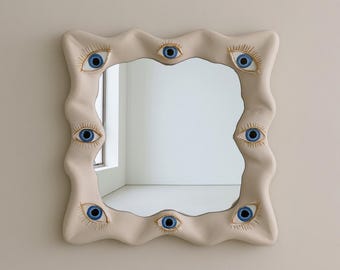 Evil Eye Wall Mirror, Sculptural Wavy Mirror, Organic Wood Frame Mirror, All Seeing Eyes Decor, Surrealist Statement Wall Art