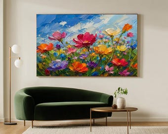 Könnte beinhalten: Ein rechteckiges Ölgemälde, das ein lebhaftes Feld mit Wildblumen in Rot-, Orange-, Gelb-, Rosa- und Violetttönen vor einem hellblauen Himmel mit weißen Wolken zeigt. Das Kunstwerk weist dicke, strukturierte Pinselstriche und Impasto auf.