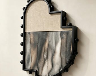 Abstract Resin & Linen Wall Art | Architectural Step-Arch Frame with Black Beads | Modern Sculptural Decor