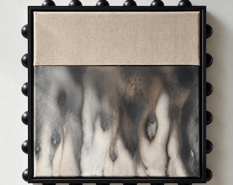 Sculptural Black Beaded Frame Art | Resin Marble & Textile Mixed Media | Modern Minimalist Square Wall Decor | Luxury Abstract Painting