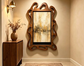 Carved Wood Frame Wall Art, Abstract Landscape Painting, Organic Wooden Sculpture Decor, Vintage Modern Home Wall Decoration