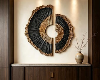 Black Gold Wood Wall Art, 3D Sunburst Wall Sculpture, Organic Modern Abstract Wood Decor, Textured Luxury Statement Wall Art