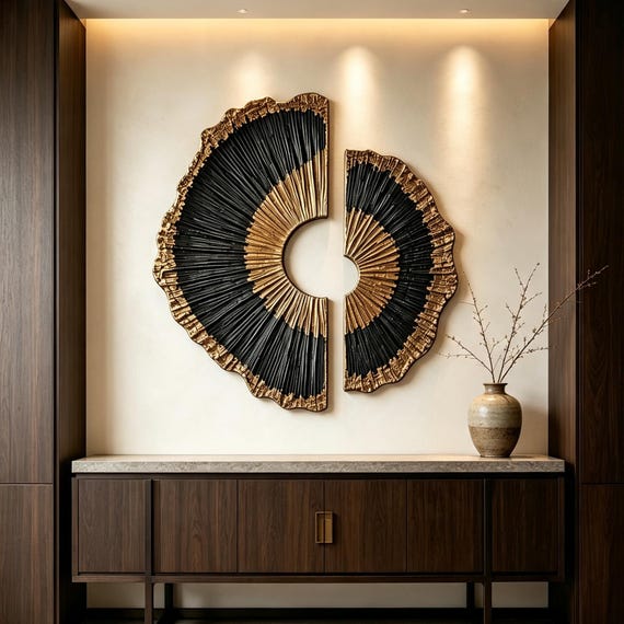 Black Gold Wood Wall Art, 3D Sunburst Wall Sculpture, Organic Modern Abstract Wood Decor, Textured Luxury Statement Wall Art