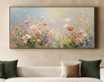Large Wildflower Painting, Colorful Floral Canvas Wall Art, Pastel Meadow Landscape Decor for Living Room