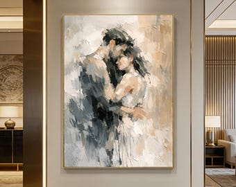 Hand-Painted Embracing Couple Canvas Art, Textured Love Wall Decor
