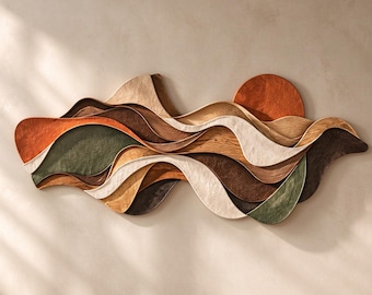 3D Wood Wall Art, Abstract Layered Wave Wall Sculpture, Organic Modern Wall Decor, Earth Tone Textured Art, Modern Boho Wooden Wall Hanging