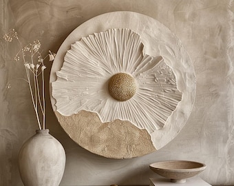 3D Floral Wood Wall Art, Round Botanical Relief Sculpture, Wabi Sabi Wall Decor, Neutral Textured Art, Gold Flower Wall Decor