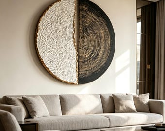 3D Wood Wall Art, Round Abstract Wall Sculpture, Organic Modern Black White Decor, Wabi Sabi Textured Statement Wall Art