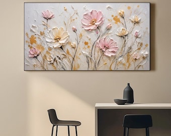 Large pink floral painting, 3D textured flower canvas wall art, modern living room decor.
