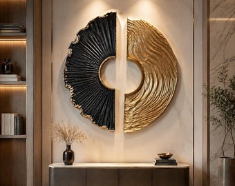 Könnte beinhalten: Ein großes kreisförmiges Wandkunstwerk, das in zwei Hälften unterteilt ist, wobei eine Seite eine strukturierte schwarze Oberfläche mit strahlenden Linien und die andere Seite eine strukturierte goldene Oberfläche mit welligen Mustern aufweist.