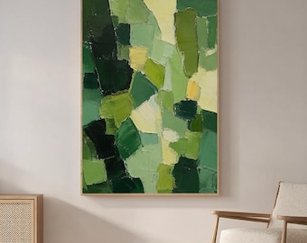 Grande peinture abstraite verte, empâtement texturé, art mural géométrique, toile vert sauge moderne, décoration d'intérieur minimaliste