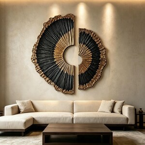 Op de afbeelding: Een groot tweedelig wandkunstobject met een cirkelvormig ontwerp en stralende lijnen. Het stuk is afgewerkt in een combinatie van matzwart en metallic goud, met getextureerde, onregelmatige randen die een waaiervormig, gelaagd uiterlijk cre&euml;ren.