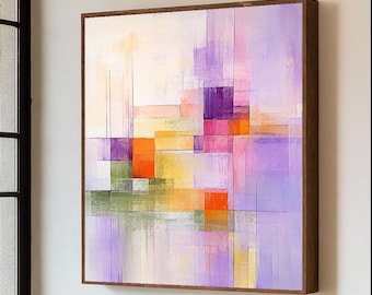 Grande peinture abstraite en blocs de couleur violet rose Orange vert Art mural géométrique texturé empâtement toile décoration minimaliste moderne