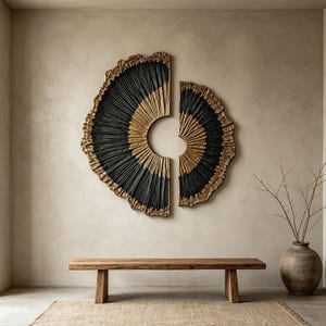 Op de afbeelding: Een tweedelige wandkunstset met halfronde, waaiervormige elementen met gestructureerde zwarte en gouden stralende lijnen. De stukken vormen samen een gebroken cirkelvormig motief met grillige, organische randen.