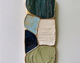 3D Textured Wood Wall Art, Abstract Geometric Wall Sculpture, Teal Sage Green Decor, Gold Accent Art, Organic Modern Japandi Wall Decor