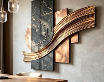 3D Wood Wall Art, Abstract Geometric Wall Sculpture, Gold Wave Wood Decor, Organic Modern Luxury Statement Wall Art