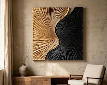 Black Gold Wood Wall Art, 3D Abstract Wood Sculpture, Organic Modern Textured Wall Decor, Luxury Statement Wall Art