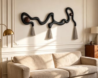 Sculptural Organic Wall Hanging | Dark Wood Wavy Art with Macrame Tassels & Beads | Abstract Boho Wall Decor | Modern Entryway Accent