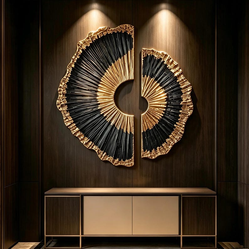 Op de afbeelding: Een tweedelige cirkelvormige wandsculptuur met een radiaal patroon van zwarte en gouden textuursegmenten. Het ontwerp bestaat uit een groter linkergedeelte en een kleiner rechtergedeelte, beide met een zonnestraaleffect en gouden randen.