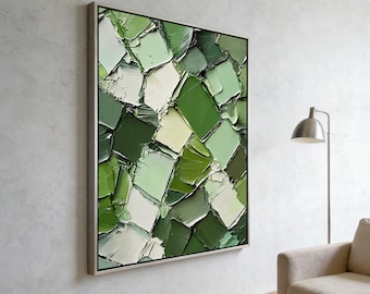 Hand-Painted Green Abstract Oil Painting, Thick Texture Palette Knife Wall Art