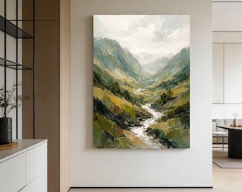 Hand-Painted Textured Mountain Landscape Oil Painting, Scenic Wall Art, Living Room Decor