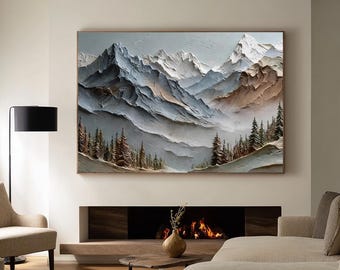 Large original mountain painting, textured landscape wall art, modern living room decorative art