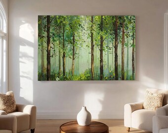 Large original green tree hand-painted artwork, green textured wall art, modern living room decoration