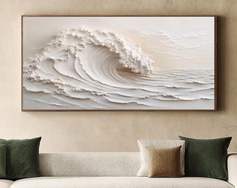 Large White Wave Painting, 3D Textured Ocean Canvas Wall Art, Minimalist Coastal Decor for Living Room