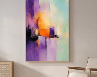 Large Abstract Color Block Painting Purple Orange Teal Lavender Geometric Textured Impasto Wall Art Canvas Minimalist Decor
