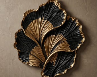 3D-Wandbild aus Ginkgoblatt-Holz, schwarz-goldene Holzskulptur, luxuriöse botanische Wanddekoration, modernes Art-déco-Wandbild