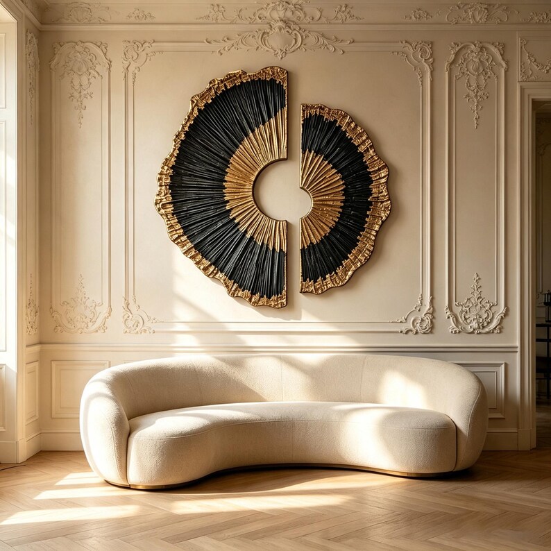 Op de afbeelding: Een grote, tweedelige cirkelvormige wandsculptuur met een getextureerd, waaiervormig patroon in afwisselend zwart en metallic goud. Het stuk is verdeeld in twee asymmetrische secties, elk met een grillige, organische buitenrand en een boog.