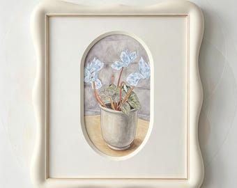Botanical Wood Wall Art, Wavy Sculptural Frame, Blue Floral Painting, Organic Modern Wall Decor, Cottagecore Flower Art, Unique Wall Art