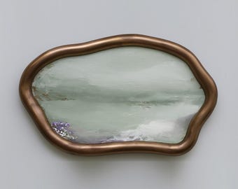 Organic Mixed Media Wall Art, Sage Green Abstract Landscape, Copper Metal Wood Art, Sculptural Wall Decor, Modern Freeform Painting