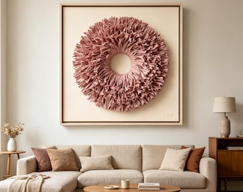 3D Textile Paper Wall Art | Dusty Rose Ruffled Ring | Minimalist Shadow Box Decor | Handmade Boho Feminine Art for Bedroom