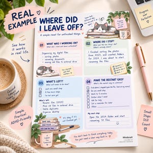 以下が含まれることがあります： Where Did I Leave Off?というタイトルのタスク管理プランナーシート。未完了の作業を追跡するための4つの番号付きセクションがあります。猫、マグカップ、植物のイラストが描かれ、作業を再開するための手順が手書き風のテキストで詳細に記載されています。