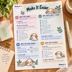 以下が含まれることがあります： Make It Easierというタイトルの白い紙のワークシートで、タスク管理用の4つの番号付きセクションがあります。茶色と白の子犬、緑の葉のイラスト、手書きのテキストが特徴です。レイアウトにはチェックボックスと、難しいタスクを小さなステップに分割するためのプロンプトが含まれています。