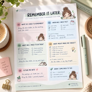 May include: A white paper planner sheet titled Remember It Later with pastel-colored sections. It features numbered prompts, checkboxes, and illustrations of a person and a cat. The text includes specific notes about a blue folder and a 10:00 AM meeting.