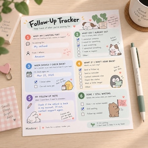 Peut inclure: Une feuille de suivi Follow-Up Tracker avec six sections numérotées, des cases à cocher, des blocs de couleurs pastel et des illustrations d'animaux. Le texte inclut des invites comme What am I waiting for et What did I already do.