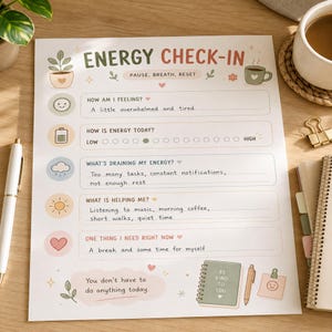 May include: A white paper energy check-in worksheet with pastel illustrations and text. It includes sections for feelings, energy levels, energy drains, helpful activities, and needs, with the phrase You don't have to do anything today at the bottom.
