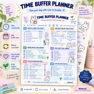 Peut inclure: Une page PDF imprimable Time Buffer Planner avec un fond blanc, du texte bleu et rose, six sections de planification numérotées et des illustrations de lapins. Le document inclut des champs pour les tâches, les marges et des notes.