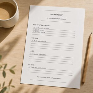 May include: A white paper task planner titled Priority Sort with sections for Need My Attention Today, This Week, Later, and Let It Go. The document includes checkboxes and lines for handwritten notes, accompanied by a wooden pencil on the side.