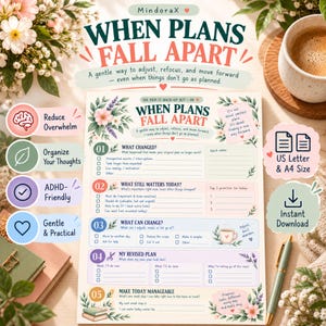 May include: A printable planner sheet titled When Plans Fall Apart, featuring five numbered sections for task management, floral illustrations, and checkboxes. The document includes prompts for adjusting priorities, revising plans, and organizing thoughts in a soft pastel color palette.