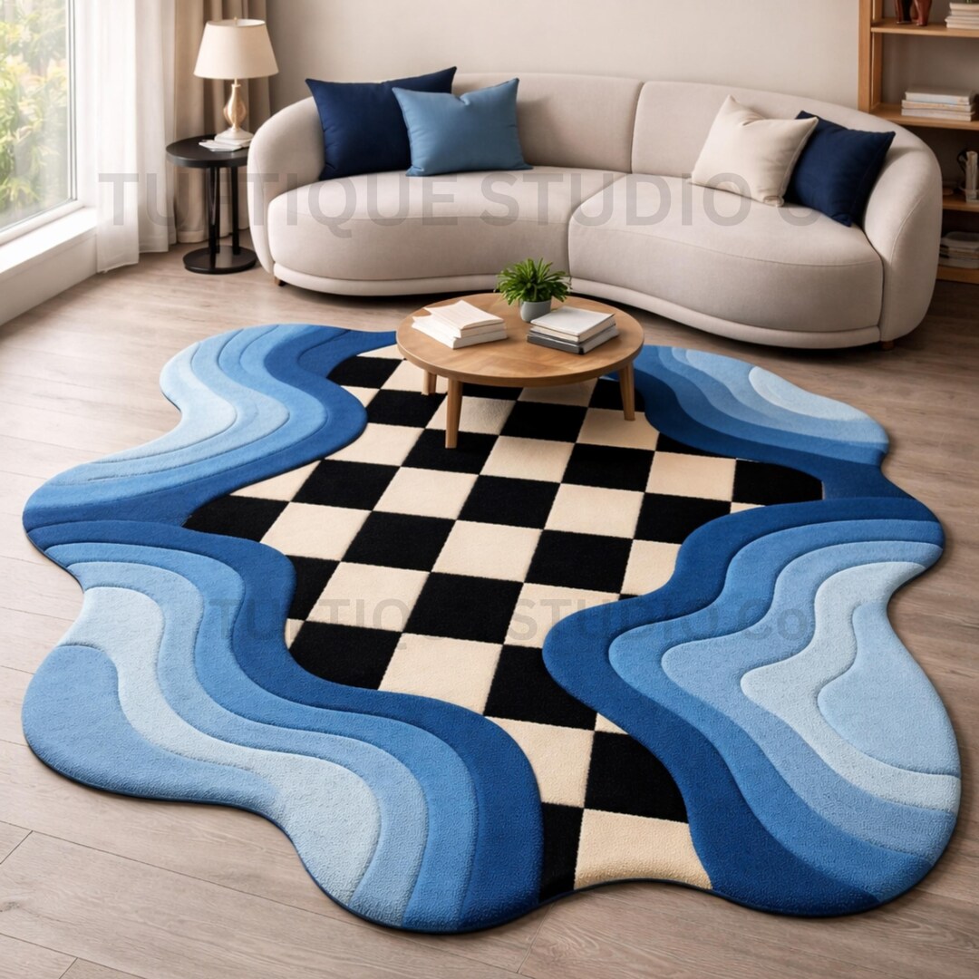 Wave Check Blue Irregular Hand Tufted Wool Area Rug 8x10 Modern Living ...