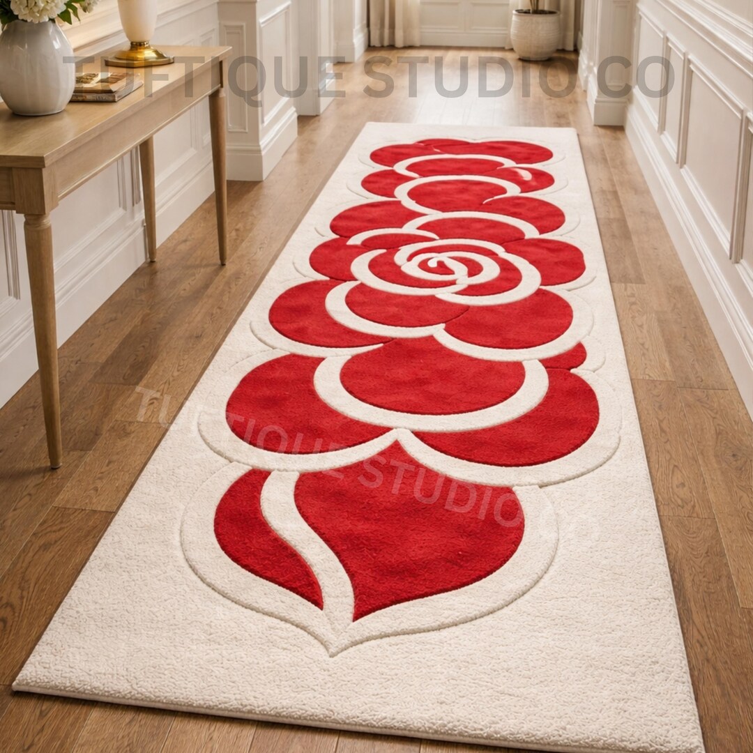 Hand Tufted Red Rose Wool Runner Rug Floral Hallway Carpet Modern ...