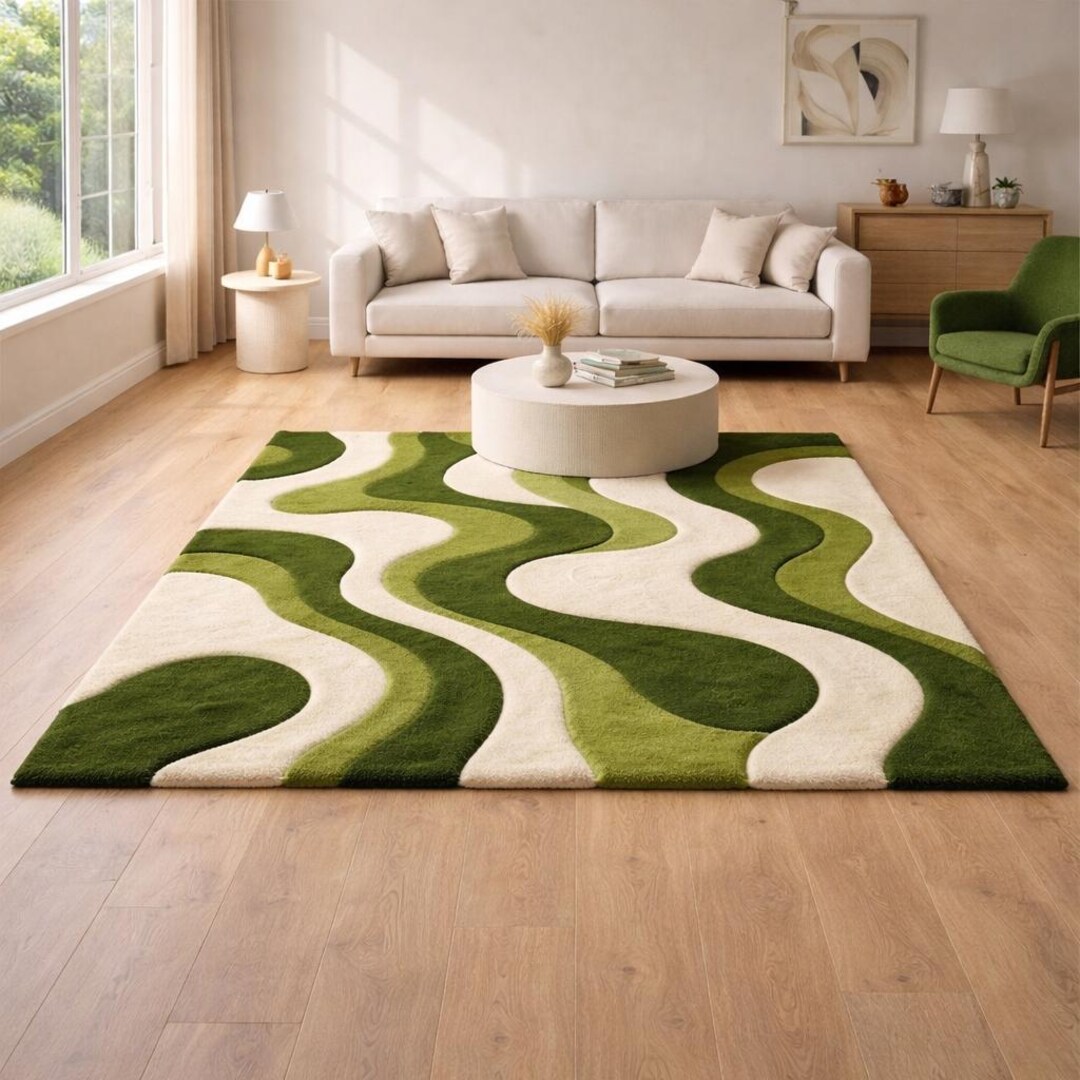 Hand Tufted Green Abstract Wool Area Rug 8x10 Modern Scandinavian ...